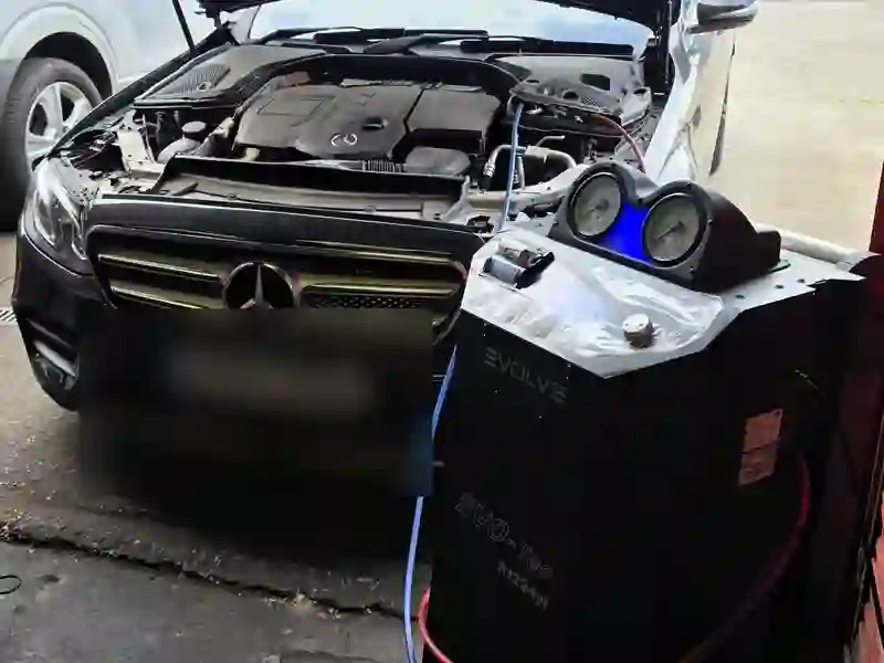 A Mercedes having an air-conditioning service at the M&A MOT unit in Rochdale